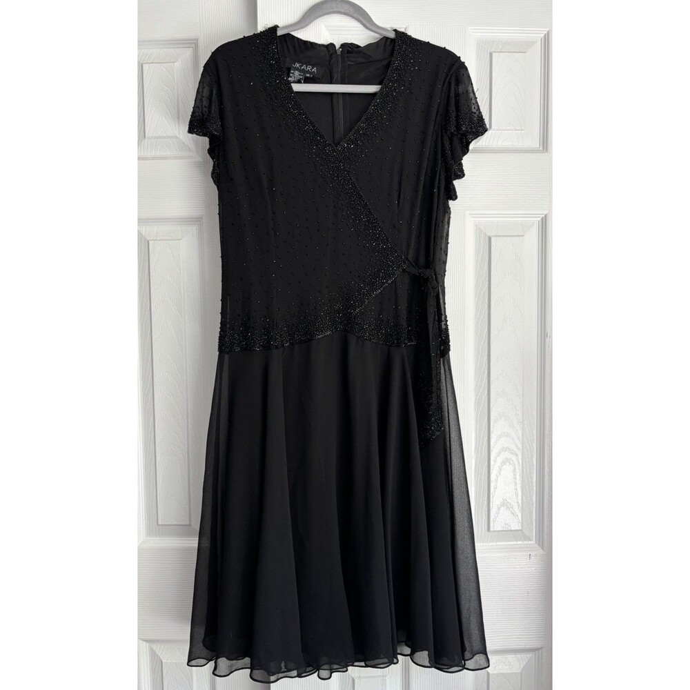 Vtg 90s Womens Black Beaded Sheer Whimsigoth Drop Waist Formal Flapper Dress 12